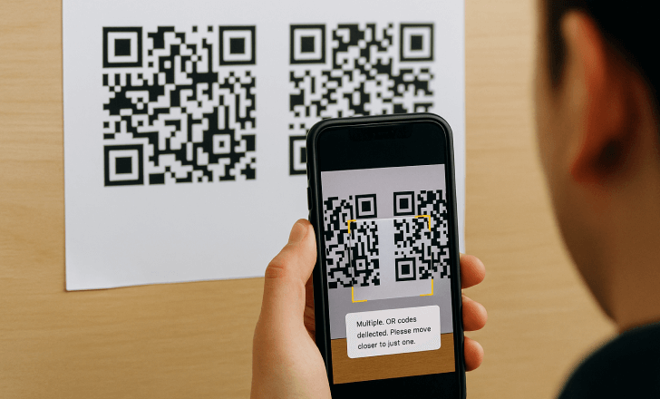 A person scans two QR codes printed side by side on a white sheet with a smartphone, which displays an error message about detecting multiple codes.