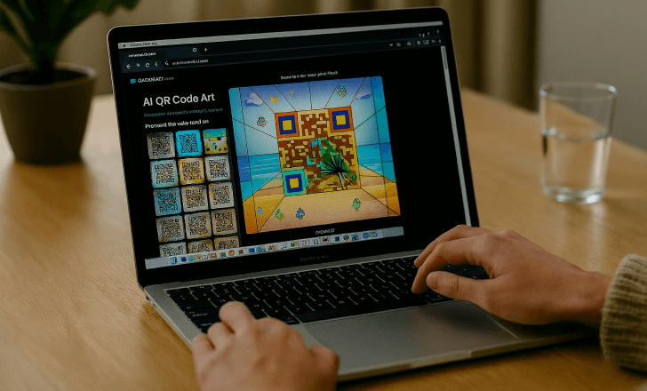 A person uses a MacBook Pro showing the QRCodeKIT “AI QR Code Art” interface with an origami-style QR code on screen.