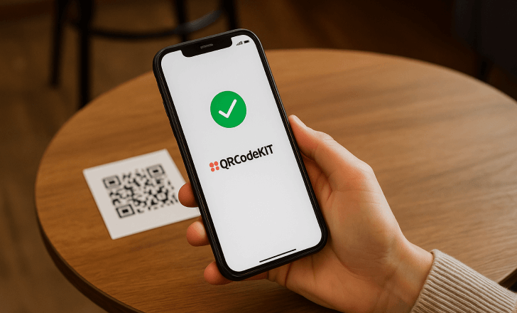 A person using a modern smartphone to scan a QR code on a wooden café table, with the QRCodeKIT logo and a green checkmark visible on the screen.