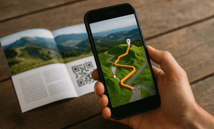 A person using a smartphone to display a 3D map with a winding orange route, triggered by scanning a QR code on a travel brochure placed on a rustic wooden table.