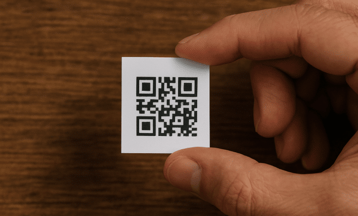 A person's right hand holding a small printed QR code card over a wooden surface.