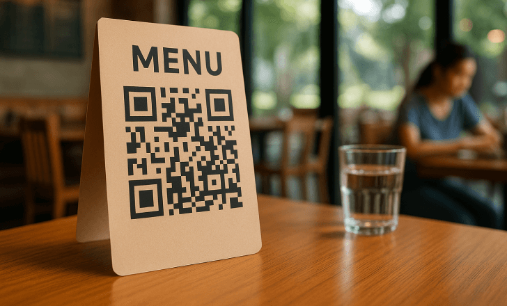 A photograph captures a QR code menu display in a cozy restaurant, placed on a wooden table with natural light streaming through large windows in the background.