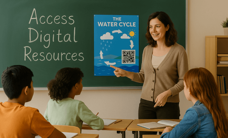 A science teacher explains the water cycle using a classroom poster with a QR code, while students take notes and listen attentively under the message “Access Digital Resources.”