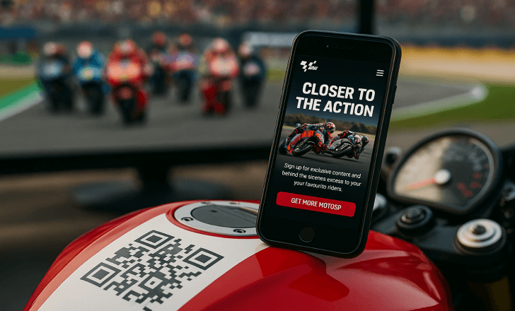A smartphone displaying a MotoGP landing page rests on a racebike fuel tank with a visible QR code, while motorcycles race in the blurred background.