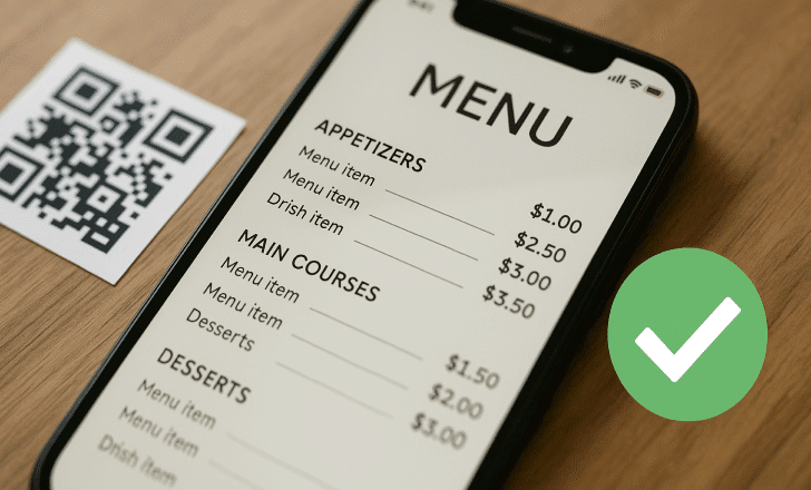 A smartphone displaying a clean digital menu with a green checkmark rests on a wooden table beside a printed QR code card.