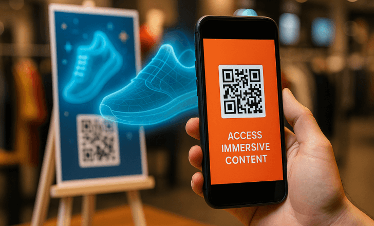 A smartphone in the foreground scanning a QR code, triggering an augmented reality sneaker visualization next to a display board inside a stylish retail store.