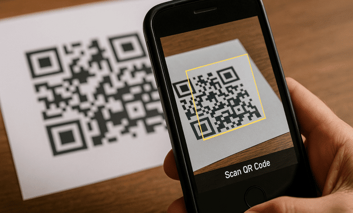 A smartphone scanning a printed QR code on white paper placed on a wooden table.