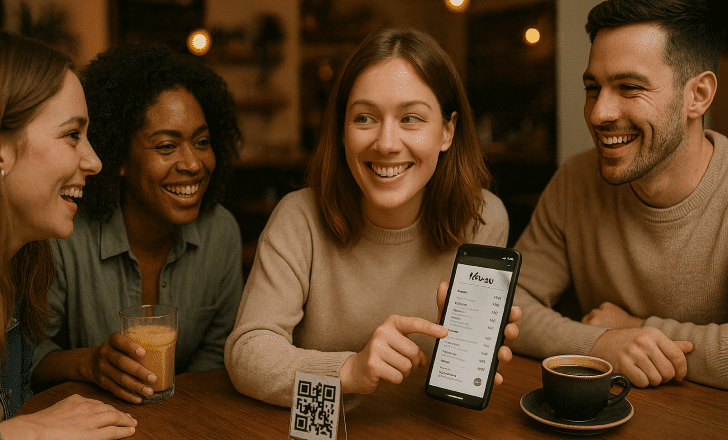 A smiling woman holding a smartphone with a digital menu looks warmly at her friends as they sit together at a café table enjoying the moment.