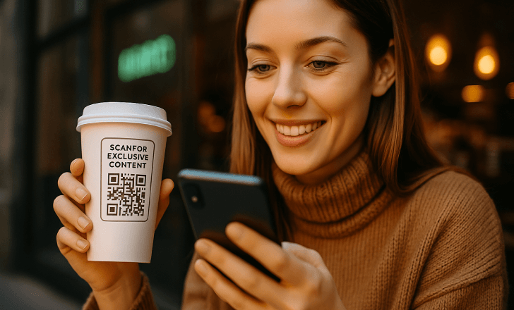 A smiling woman in a brown sweater checks her phone while holding a white coffee cup with a QR code labeled “Scan for exclusive content” at a cozy café.