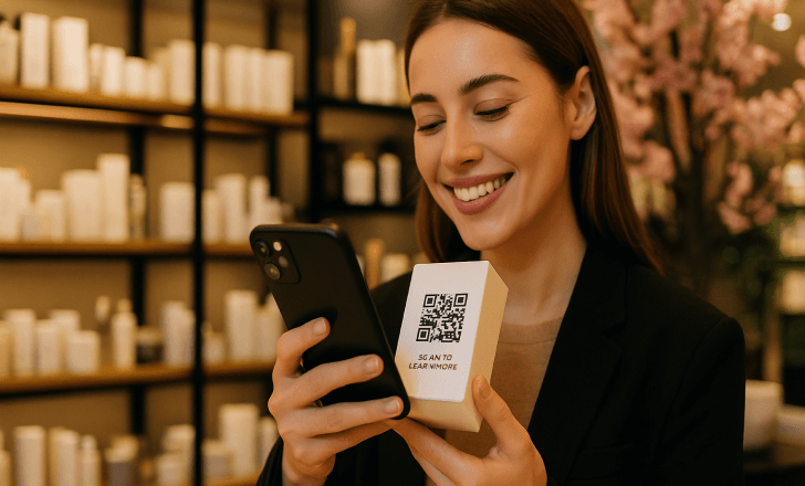 A smiling woman in a luxury cosmetics store scans a product box with a clear QR code and visible call-to-action, surrounded by elegant shelves and decorative cherry blossoms.
