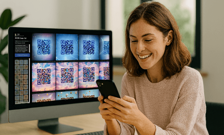 A smiling woman uses her smartphone while the computer behind her displays colorful AI QR code art in the QRCodeKIT editor.
