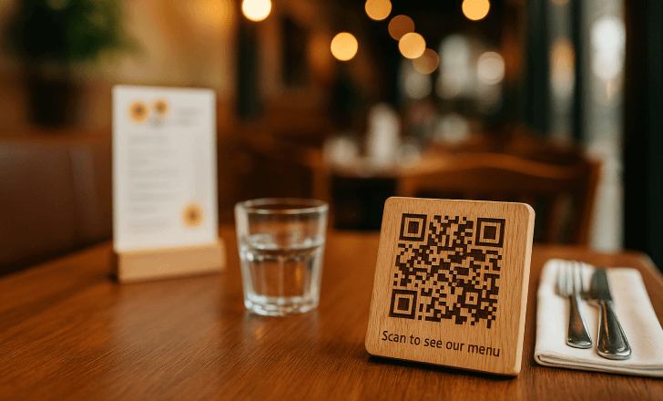 A table setting at a restaurant with a wooden QR code stand prominently placed near utensils and a glass of water, under warm ambient lighting.