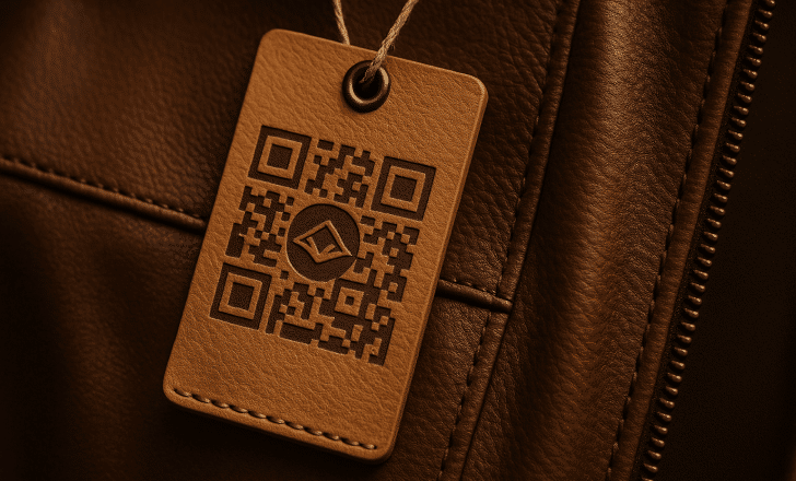 A tan leather tag with an embossed QR code hanging from a dark brown leather jacket, showing fine stitching and natural textures.