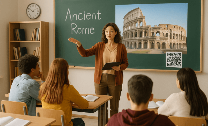 A teacher explains Ancient Rome to students while pointing at a chalkboard with a photo of the Colosseum and a QR code for additional digital content.