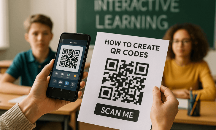 A teacher holds a smartphone displaying a generated QR code and a printed sheet titled _How to create QR codes,_ with students watching in a classroom labeled _Interactive Learning.