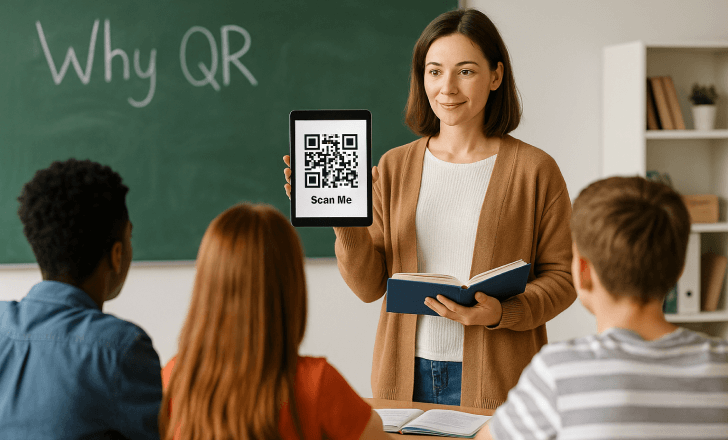 A teacher holds a tablet displaying a QR code and the phrase _Scan Me_ in front of a chalkboard that says _Why QR,_ while students watch attentively in a warm classroom setting.