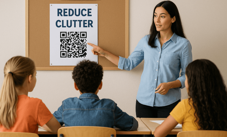 A teacher points to a _REDUCE CLUTTER_ poster with a QR code in front of a cork bulletin board, while three students attentively listen and face the teacher in a calm, well-lit classroom.