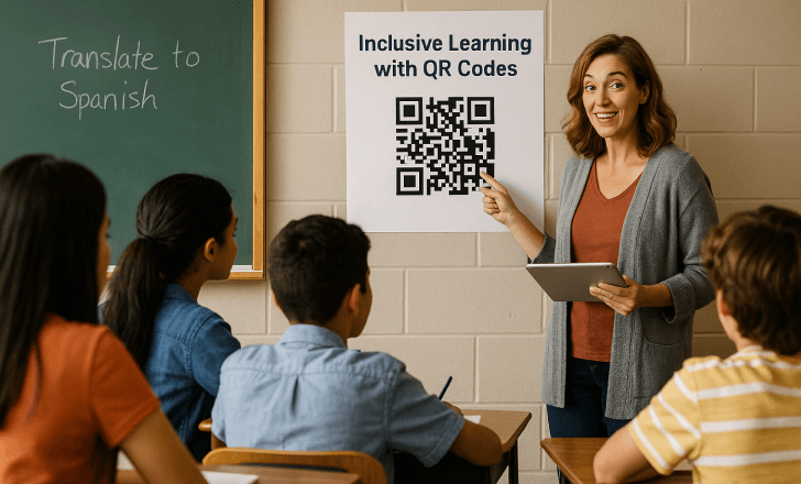 A teacher points to a classroom poster labeled “Inclusive Learning with QR Codes” while holding a tablet, as a diverse group of students listens attentively.