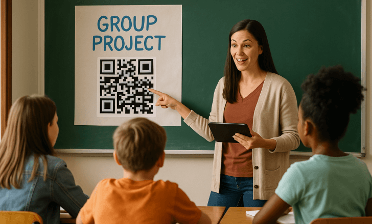 A teacher presents a group project using a poster with a QR code on the chalkboard, engaging a small group of students seated at desks in a sunlit classroom.