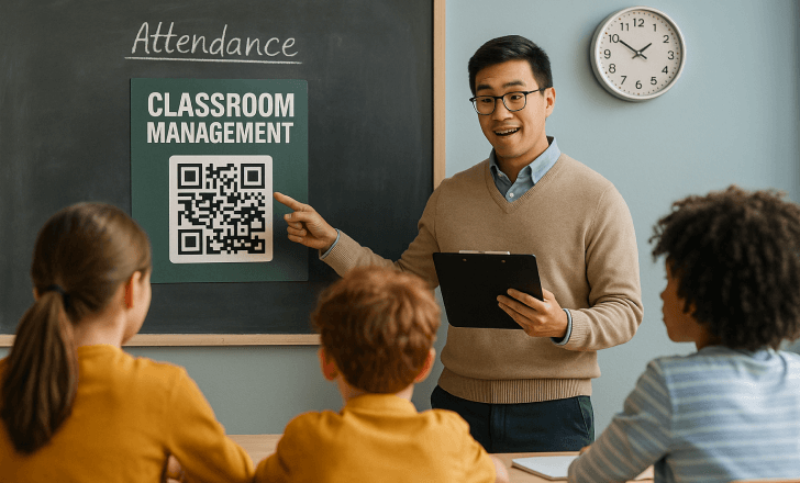 A teacher stands by a chalkboard with a “CLASSROOM MANAGEMENT” QR code poster, taking attendance as four students listen attentively in a morning classroom setting.