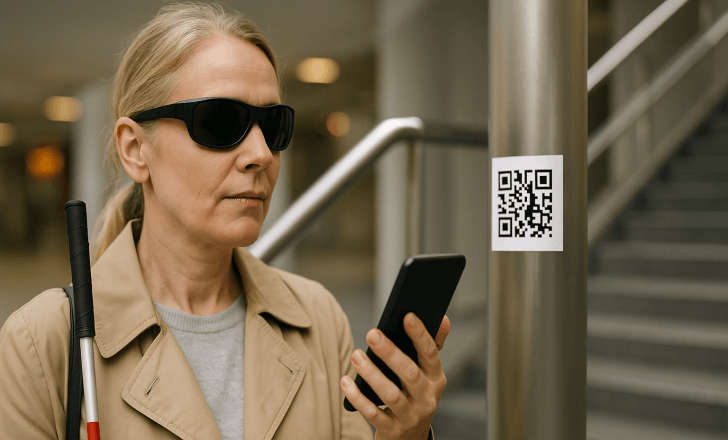 A visually impaired woman wearing a beige trench coat scans a QR code on a stainless steel pole inside a modern building using her smartphone.