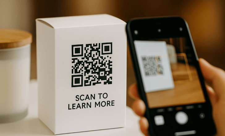 A white cardboard product box with two QR codes printed closely together on one side, photographed on a clean surface with soft ambient lighting.