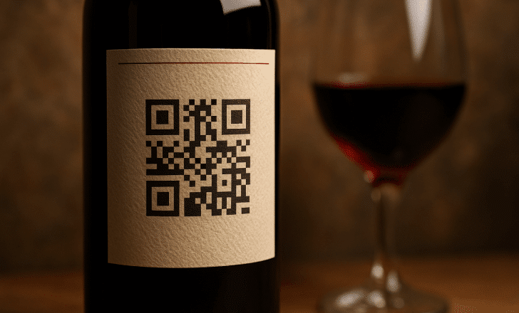 A wine bottle with a textured cream-colored label featuring a QR code, with a blurred wine glass in the background and warm ambient lighting.