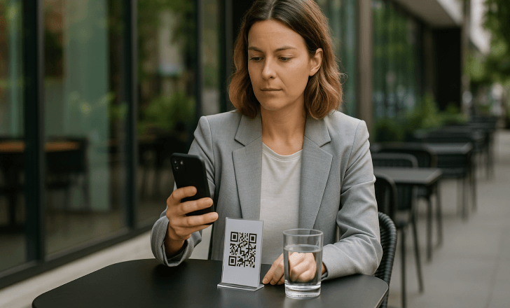 A woman in a gray blazer sits at a black outdoor café table, checking her phone beside a QR code stand and a glass of water.