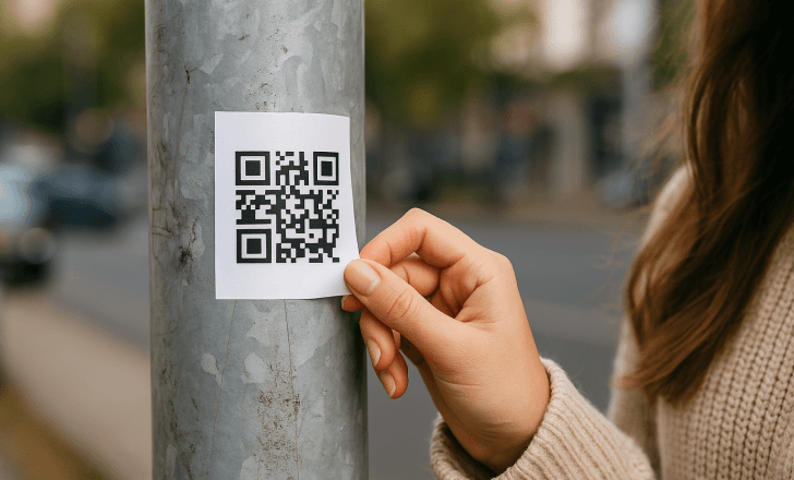 A woman peels a suspicious QR code sticker from a metal pole on a city street