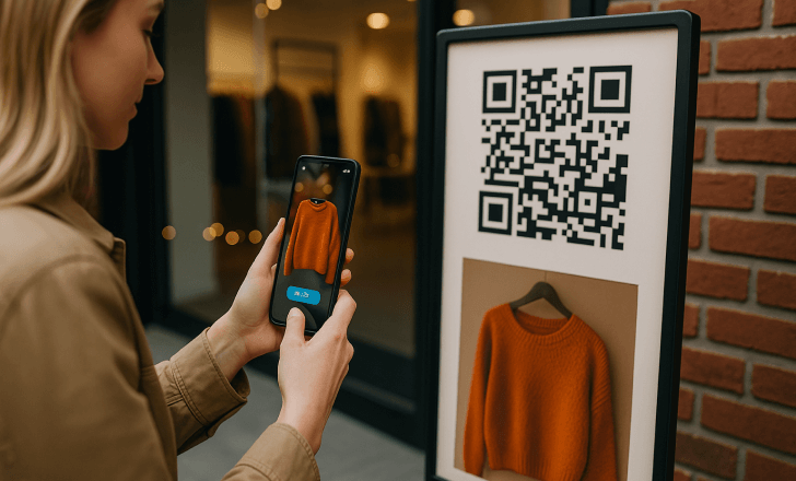A woman scanning a QR code on a fashion poster outside a store, with an orange sweater appearing as a 3D AR object on her smartphone screen.