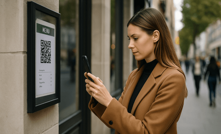 A woman scans a QR code on a restaurant menu displayed on a glass panel along a busy city sidewalk.