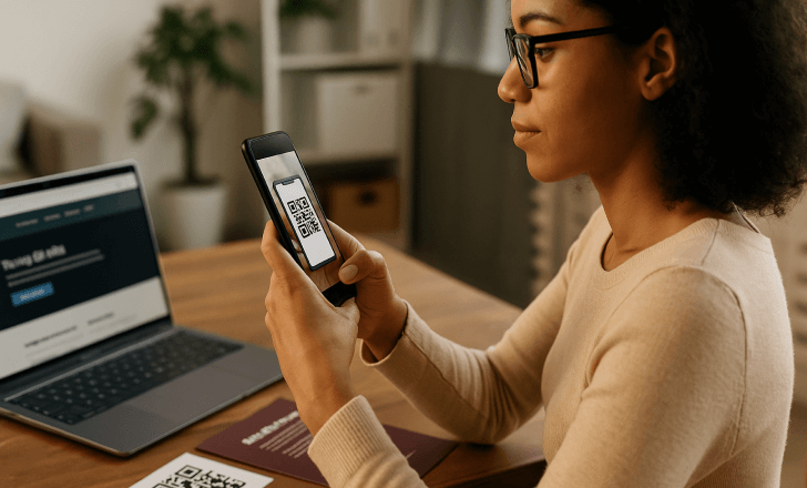 A woman scans a QR code using her smartphone in a workspace with a laptop and printed materials.