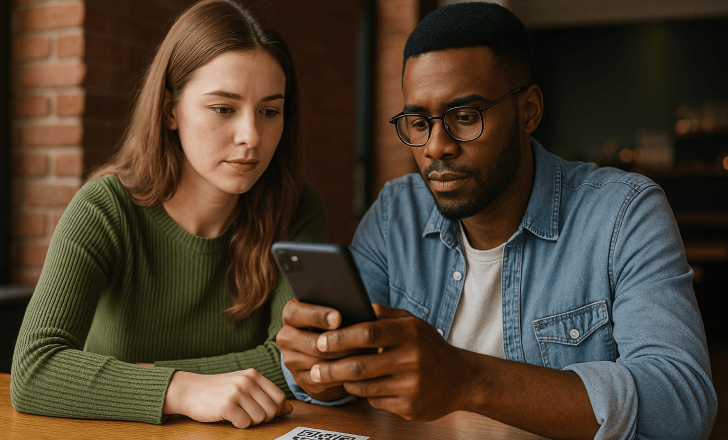 A young Caucasian woman and African American man sitting at a table, focused calmly on a phone and a QR code between them.