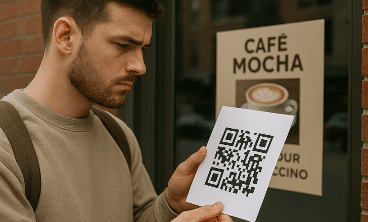 A young man outside a café examines a printed QR code with a serious expression