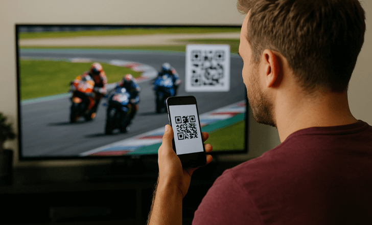 A young man watches a MotoGP race on TV and scans a visible QR code on the screen with his smartphone.