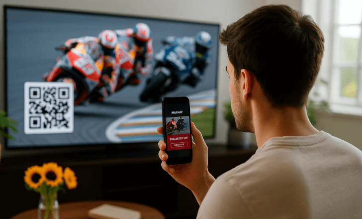 A young man watches a MotoGP race on TV while holding a smartphone displaying a MotoGP landing page with race imagery and a call-to-action.