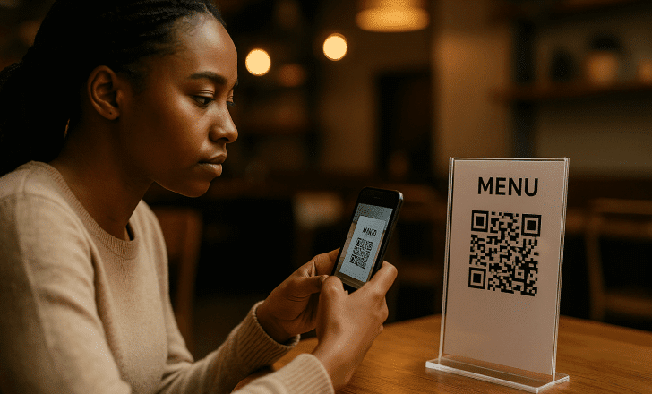 A young woman in a beige sweater scans a QR code menu with her smartphone at a warmly lit restaurant table.
