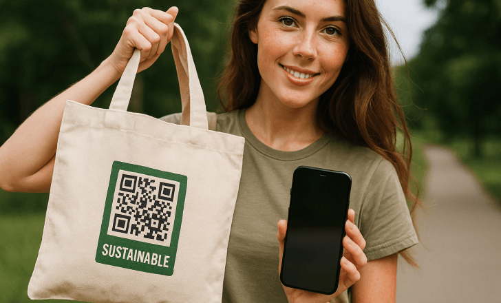 A young woman in a green T-shirt holds a canvas tote bag featuring a QR code while smiling and displaying her phone in a tree-lined outdoor setting.