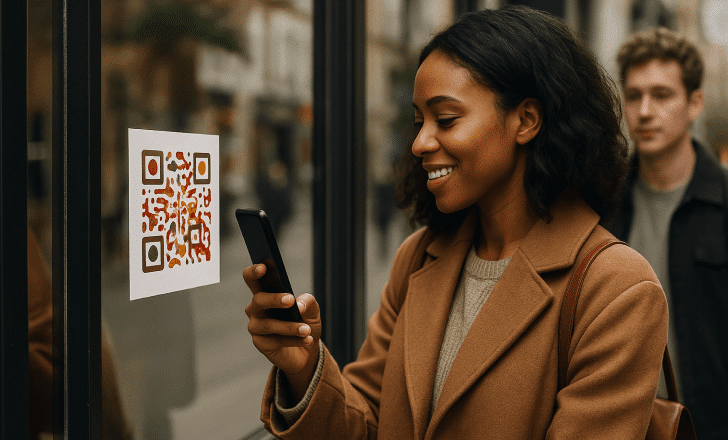A young woman scans a colorful QR code on a shop window using her phone, standing on a city street.