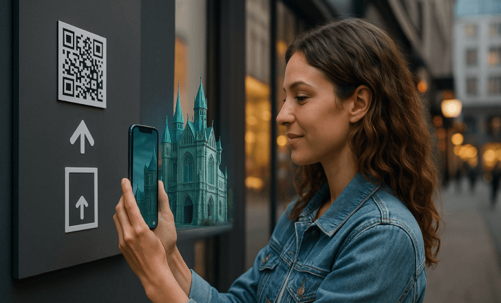 A young woman using her smartphone to scan a QR code on a city sign, revealing an AR Gothic building overlaying the real-world urban environment in the background.