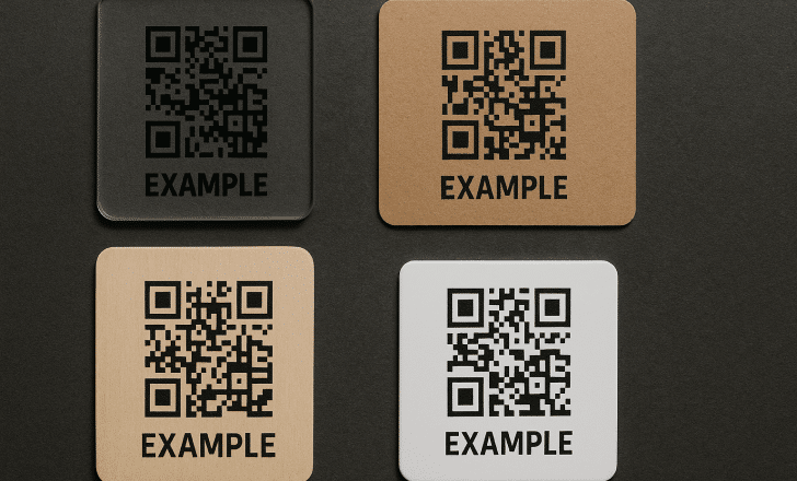 Four QR code samples printed on glass, wood, cardboard, and plastic materials.