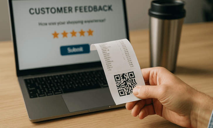 Hand holding a printed receipt with a QR code in front of a laptop showing a customer feedback form with star ratings and a submit button.