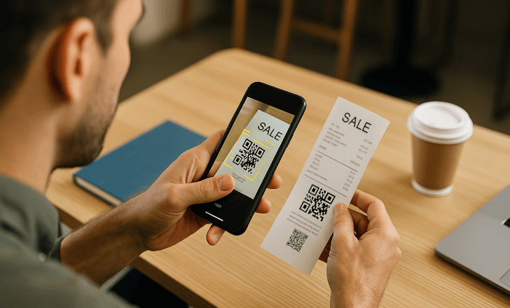 Man scanning a QR code on a printed sales receipt using his smartphone while seated at a wooden table with a coffee cup, notebook, and laptop nearby.