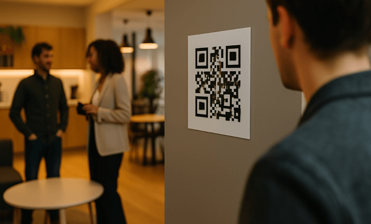 Office environment with a QR code poster in a break room
