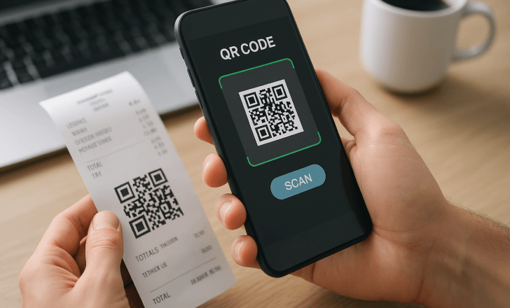 Person scanning a QR code on a printed grocery receipt using a smartphone, with a laptop and coffee mug in the background.