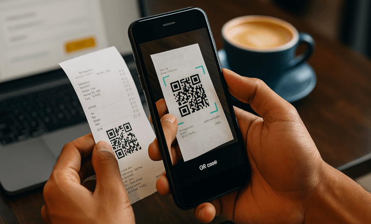 Person scanning a QR code on a printed receipt while seated at a café table, with a coffee cup and laptop nearby.