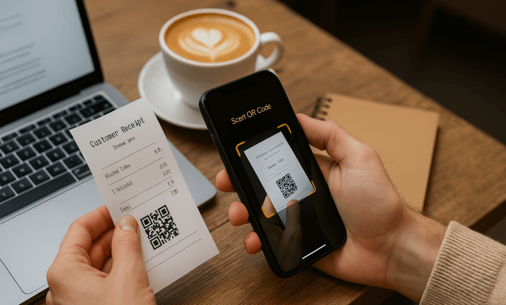 Person scanning a QR code on a printed receipt while seated at a wooden table with a latte, open laptop, and notebook.
