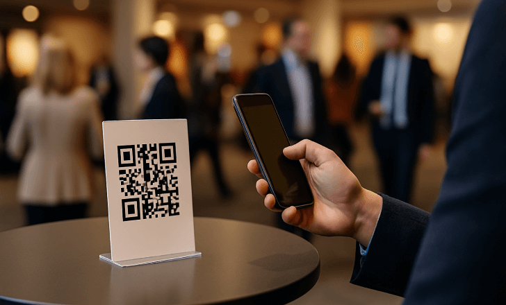 Scanning QR code on a table sign at an event