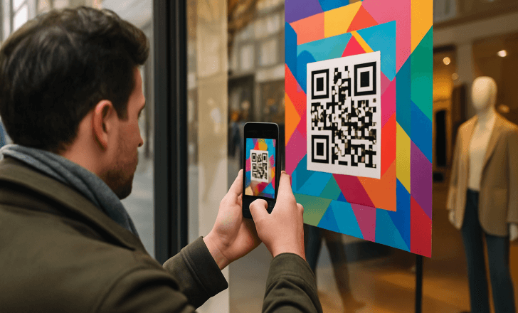 Scanning a QR code on a poster in a store window