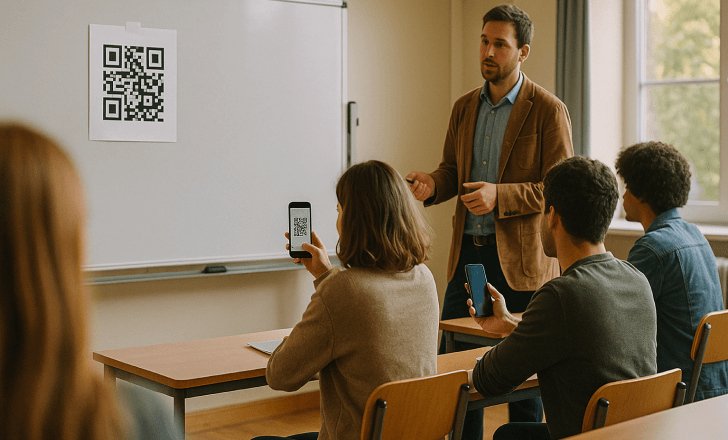 University classroom with QR code on whiteboard